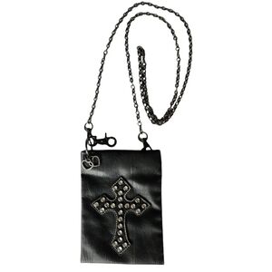 Small Black Crossbody Bag -- Studded Cross with Chain Strap, Heart Charms